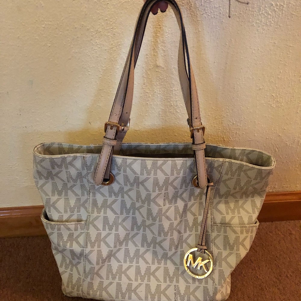 Monogrammed MK White and Tan Leather Bag